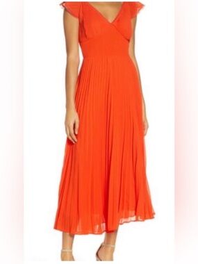 foxiedox Vibrant Red Pleated Maxi Dress with Flutter Sleeves